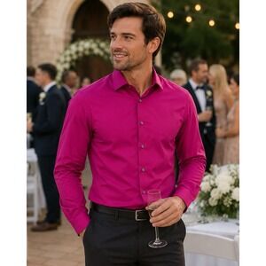 J Ferrar Mens Dress Shirt M 15-15.5 Magenta Pink Slim Fit Button Down Formal